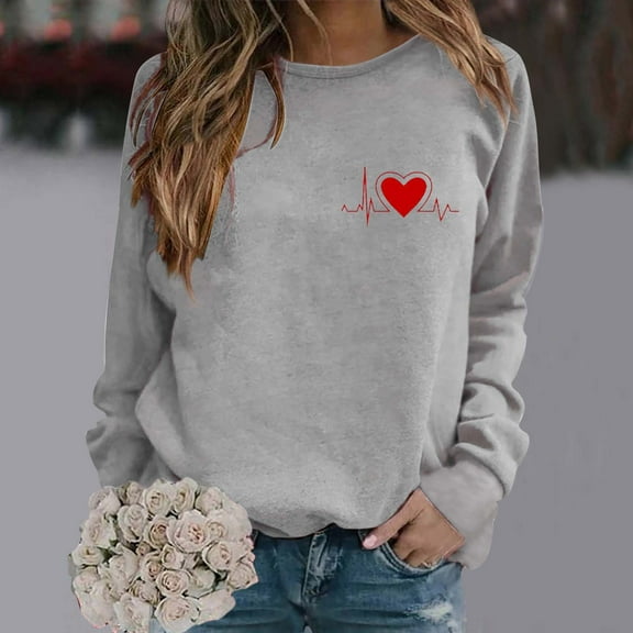 Deals Of The Day Clearance Oversized Crewneck Sweatshirt Women Women's Fashionable Round Neck Casual Valentine's Day Love Printed Long Sleeved Top Sweatshirt