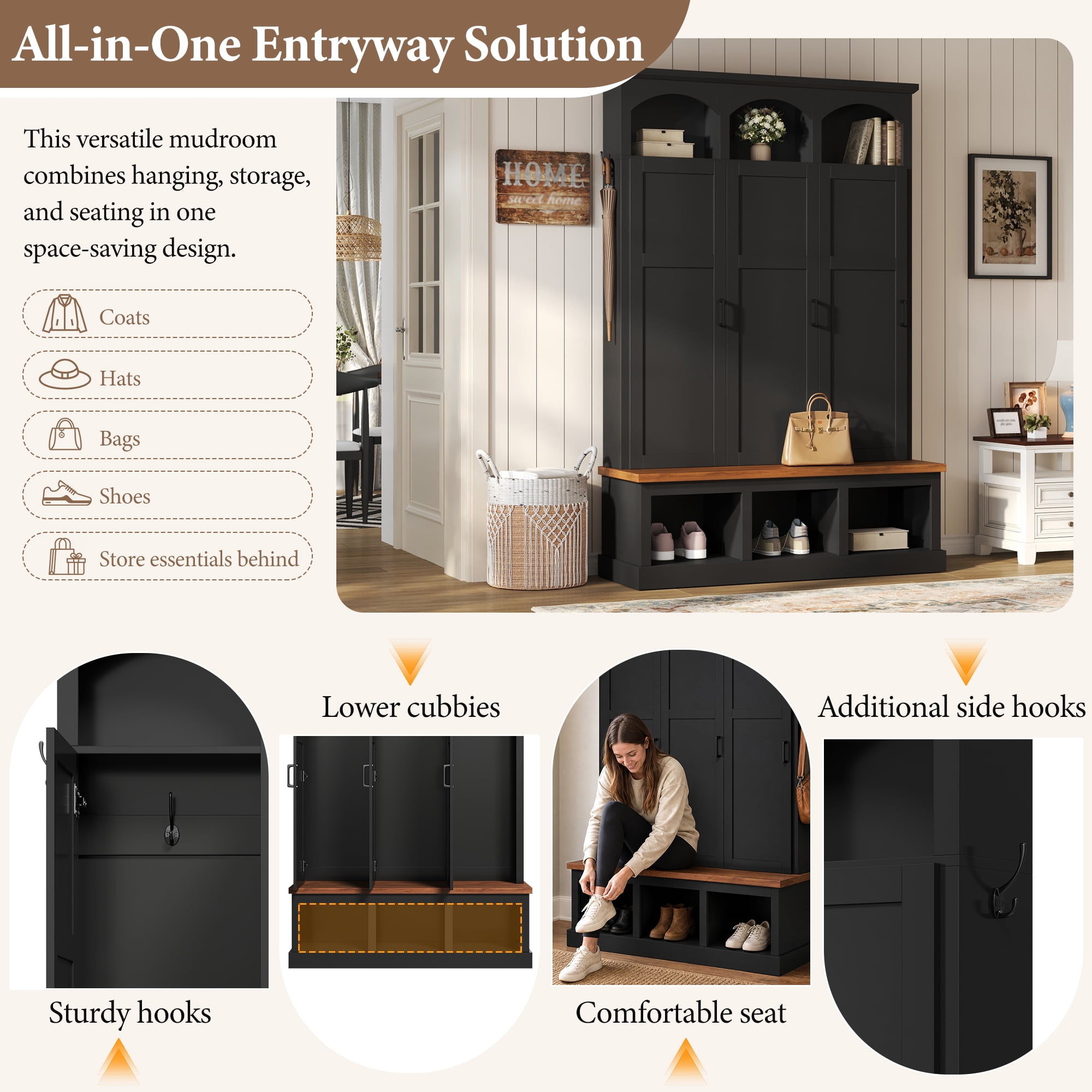 Homy Casa 49.2" Entryway Hall Tree with Bench, Storage Doors, Hooks & Lower Cubbies, Black
