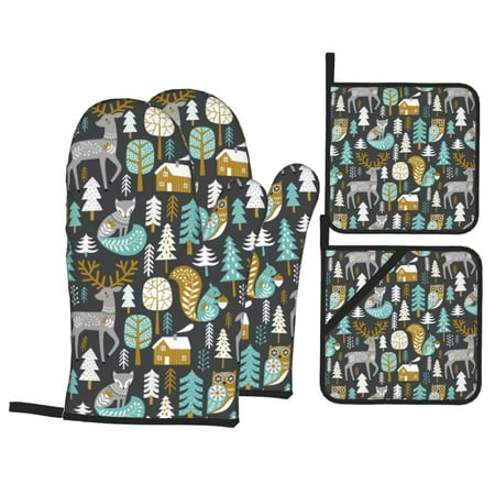 

Oven Mitts and Pot Holders Sets 4 pcs - Moose Squirrel owls tree Heat Resistant Silicone Oven Gloves with Non-Slip Silicone Surface and hot pads for kitchen Baking Cooking BBQ