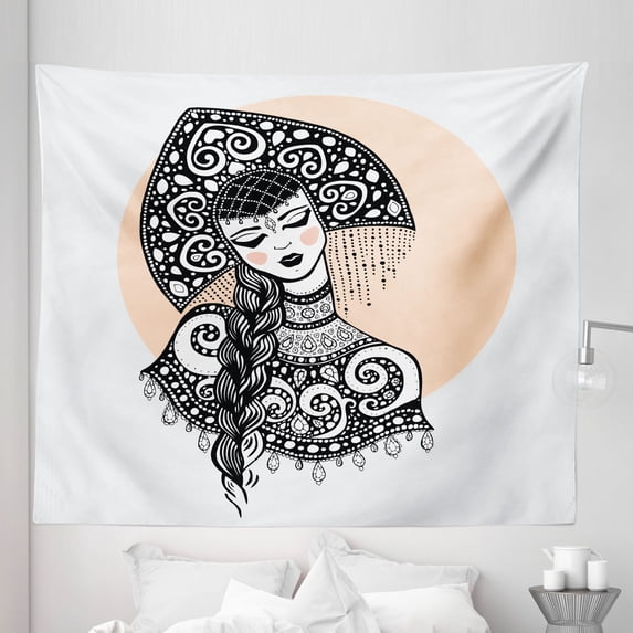 Russian Tapestry, Slavic Woman in Folk Clothes Ornamental Moscow Graphic Art, Fabric Wall Hanging Decor for Bedroom Living Room Dorm, 5 Sizes, Pale Peach White, by Ambesonne