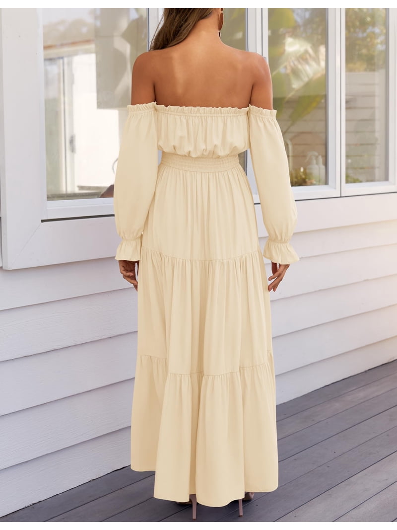 light yellow boho dress YOGAFOX Women's Off Shoulder Long Sleeve Smocked Side Split Flowy A Line Maxi Small Vintage 1960s/70s Navy Blue EXPIRED/RETURNED up design at the 尺寸:US 4
