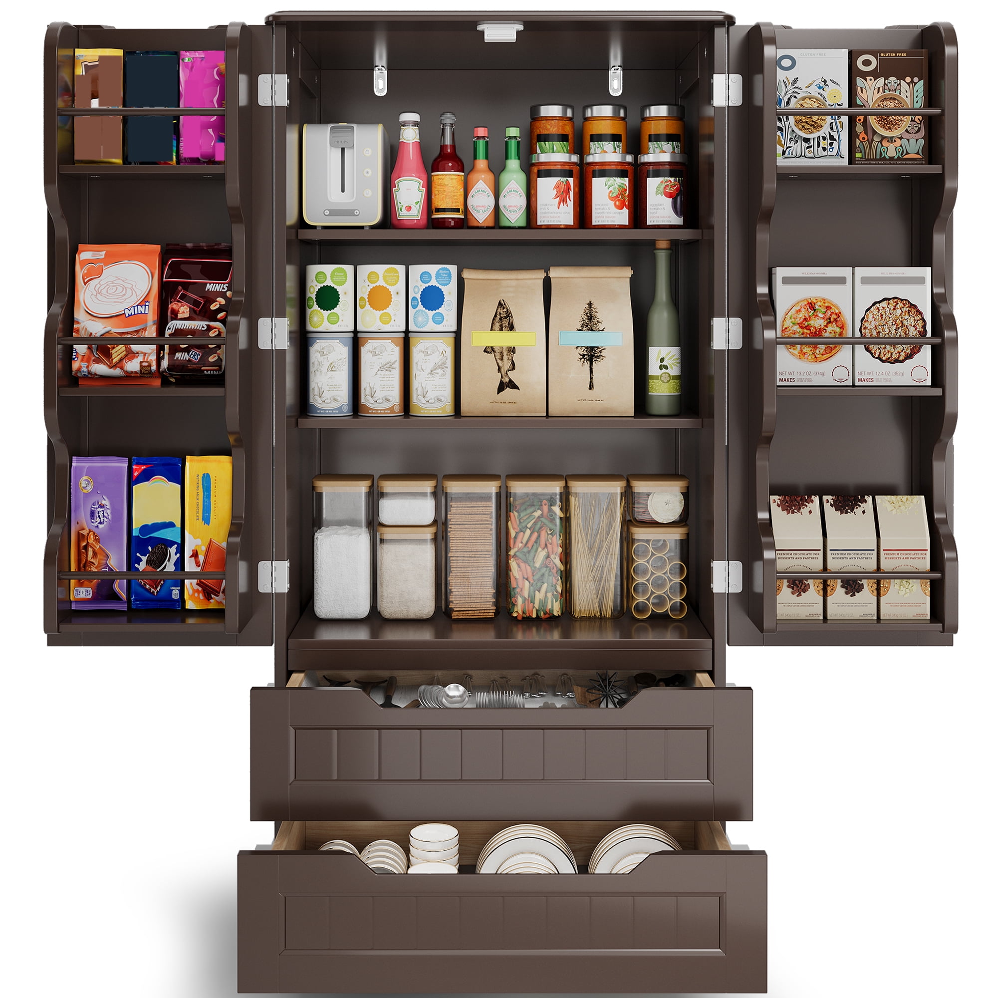 47" Freestanding Kitchen Pantry Cabinet with Drawers & Doors, Multi-Use Storage Cabinet for Bathroom Dining Room Craft Room, Dark Brown