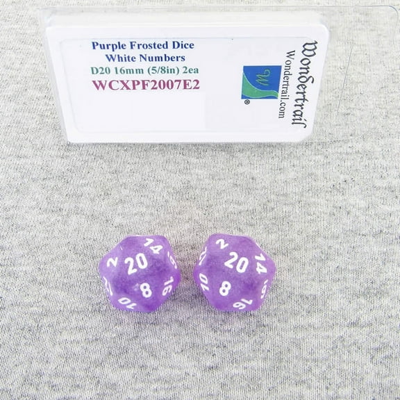 Purple Frosted Dice with White Numbers D20 Aprox 16mm (5/8in) Pack of 2 Wondertrail