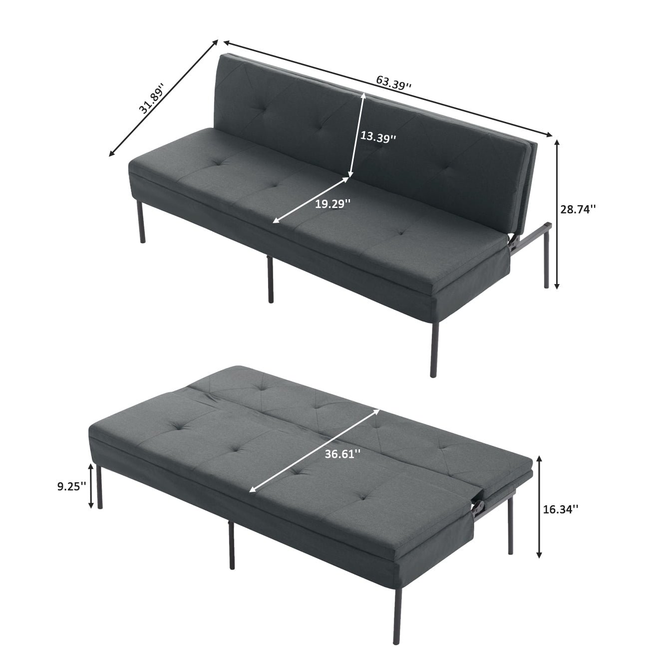 Gewnee 63.39"Futon Couches,Folding Loveseat Recliner with 5 Positions,Iron Frame,Fits Small Spaces,Apartments,Dorms – Easy Assembly