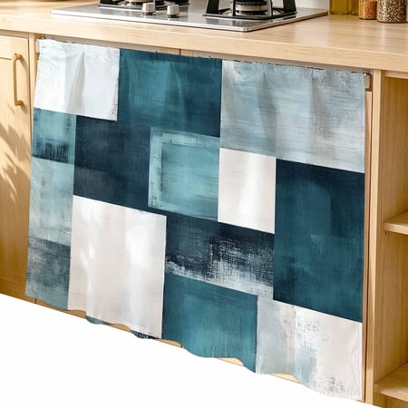 Cabinet Curtain Teal Blue Plaid Kitchen Shelf Curtain Desk Under Sink Curtain Skirt Privacy Drape Cover Abstract Art Color Block Cabinet Curtains for Kitchen Shelves Laundry Room Bathroom 35x35 Inch