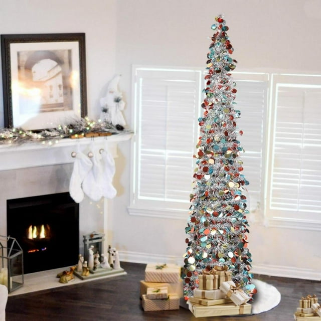 5ft Pop Up Christmas Tinsel Tree with Stand, Gorgeous Collapsible Artificial Christmas Tree for Christmas Decorations