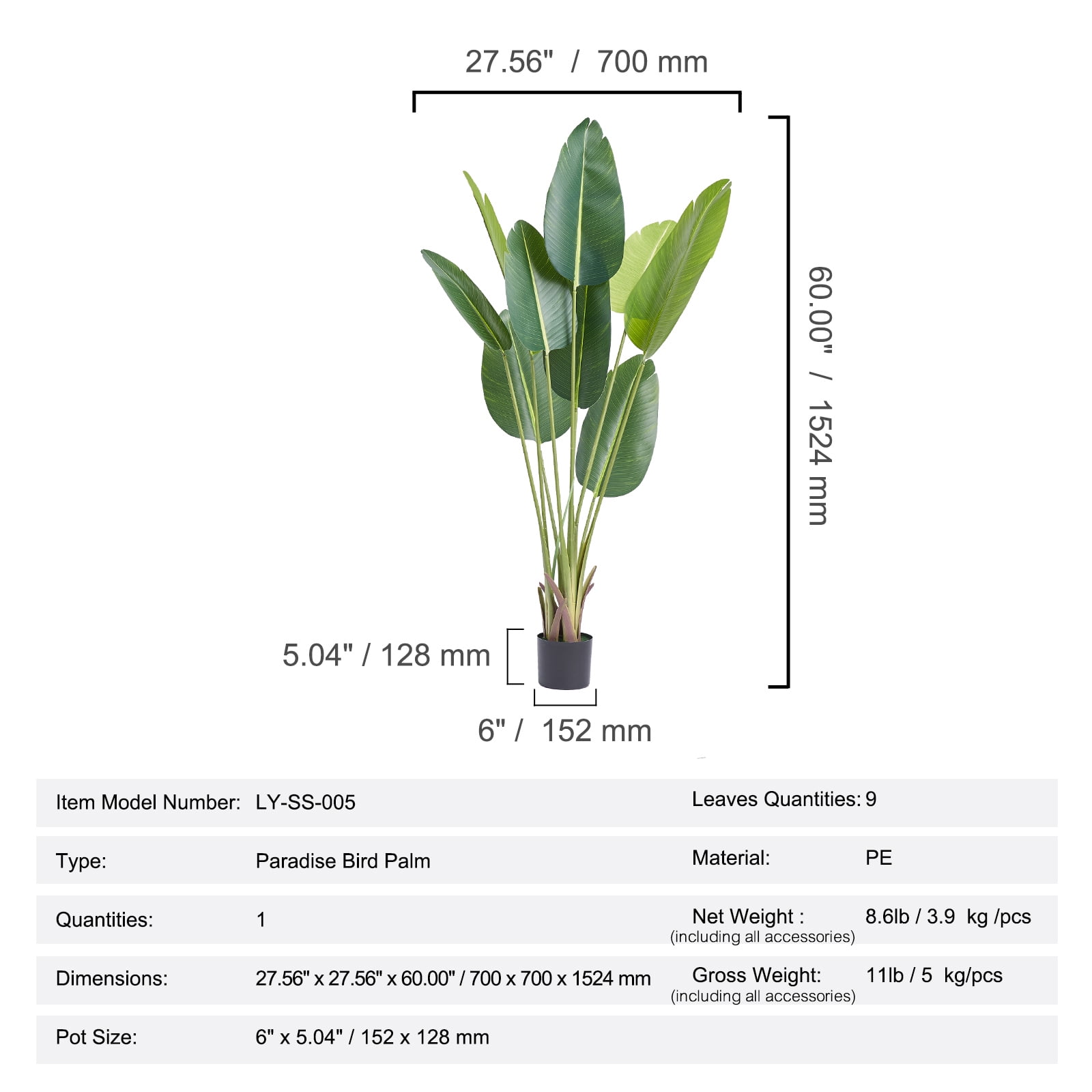 VEVOR 5 ft Artificial Birds Of Paradise Plant, Green Faux Lifelike Fake Plant for Office Home Living Room Floor Patio Greening Porch Decor