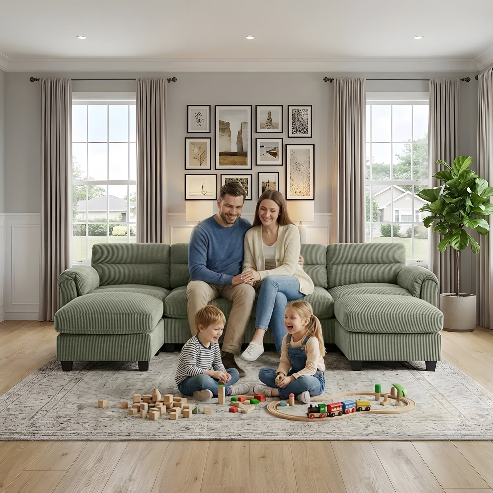 Bonzy Home Modular Sectional Sofa Couches for Living Room U-Shaped Sofa Green
