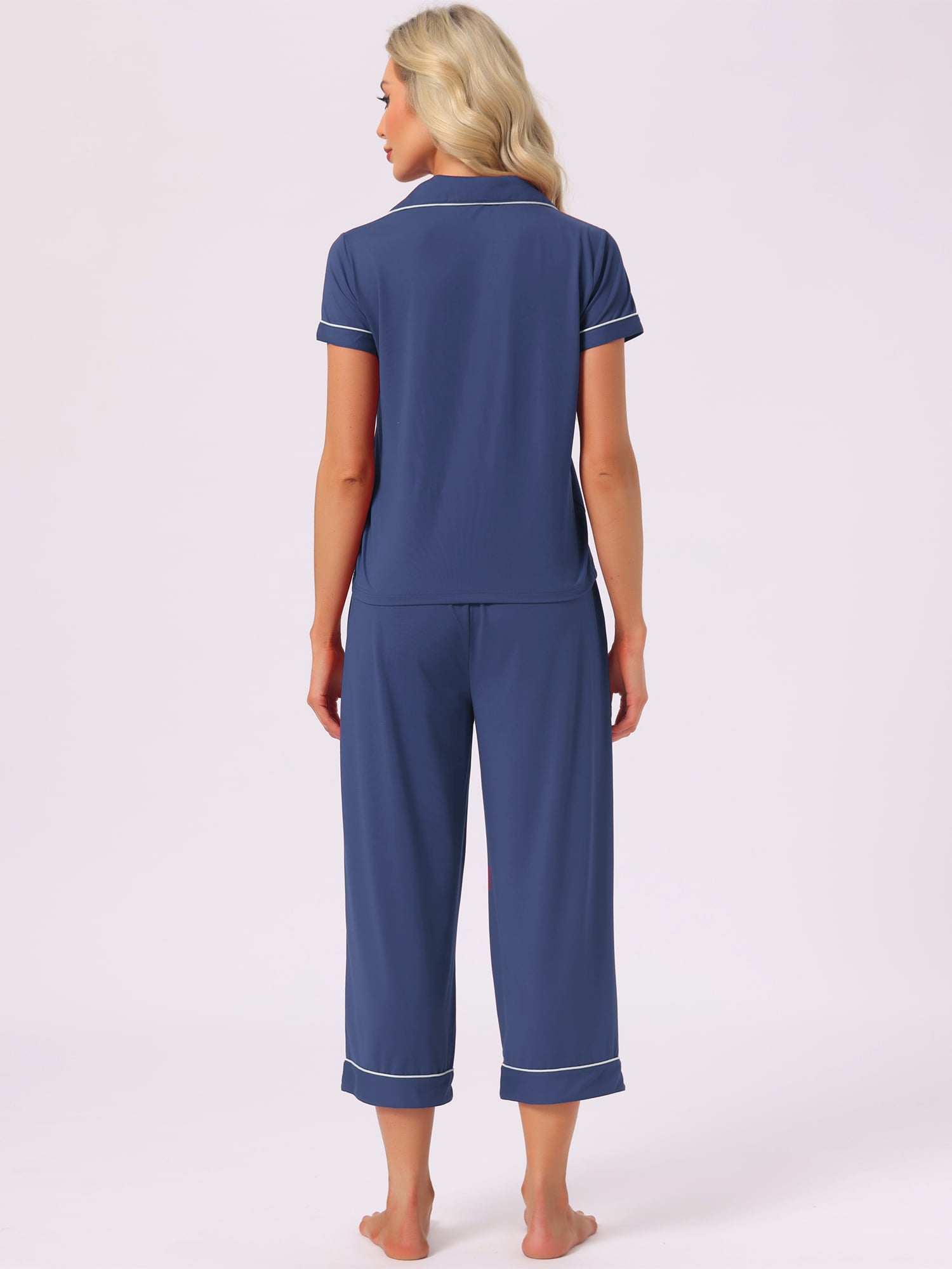 DARING DIVA Women's Capri Pajamas Short Sleeve Button Down Tops with Pants Set S Blue