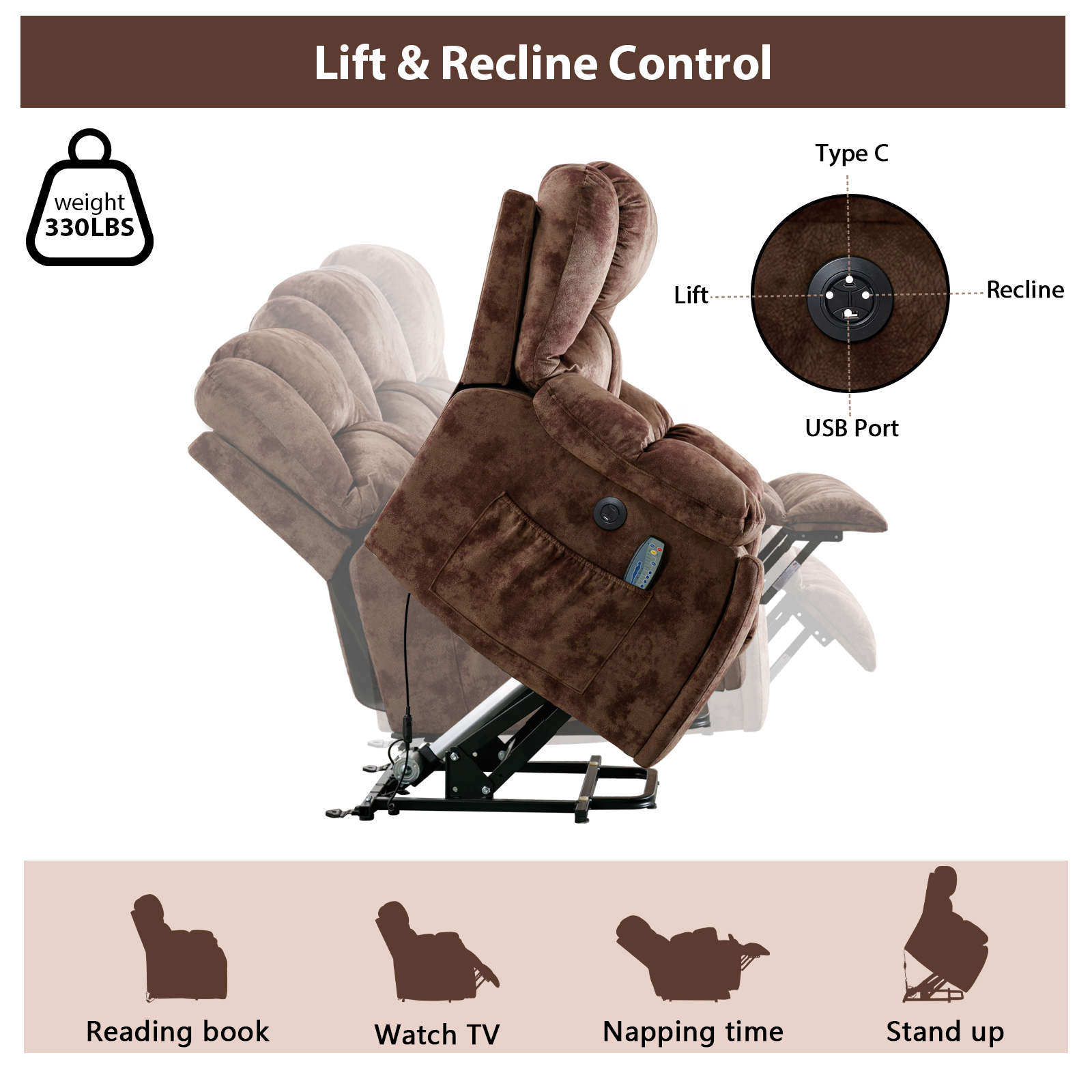 Bonzy Home Power Lift Recliner,Elderly Lift Chair with Heat Therapy and Massage Function,Remote Control,Side Pocket Cup Holders,Living Room, Brown