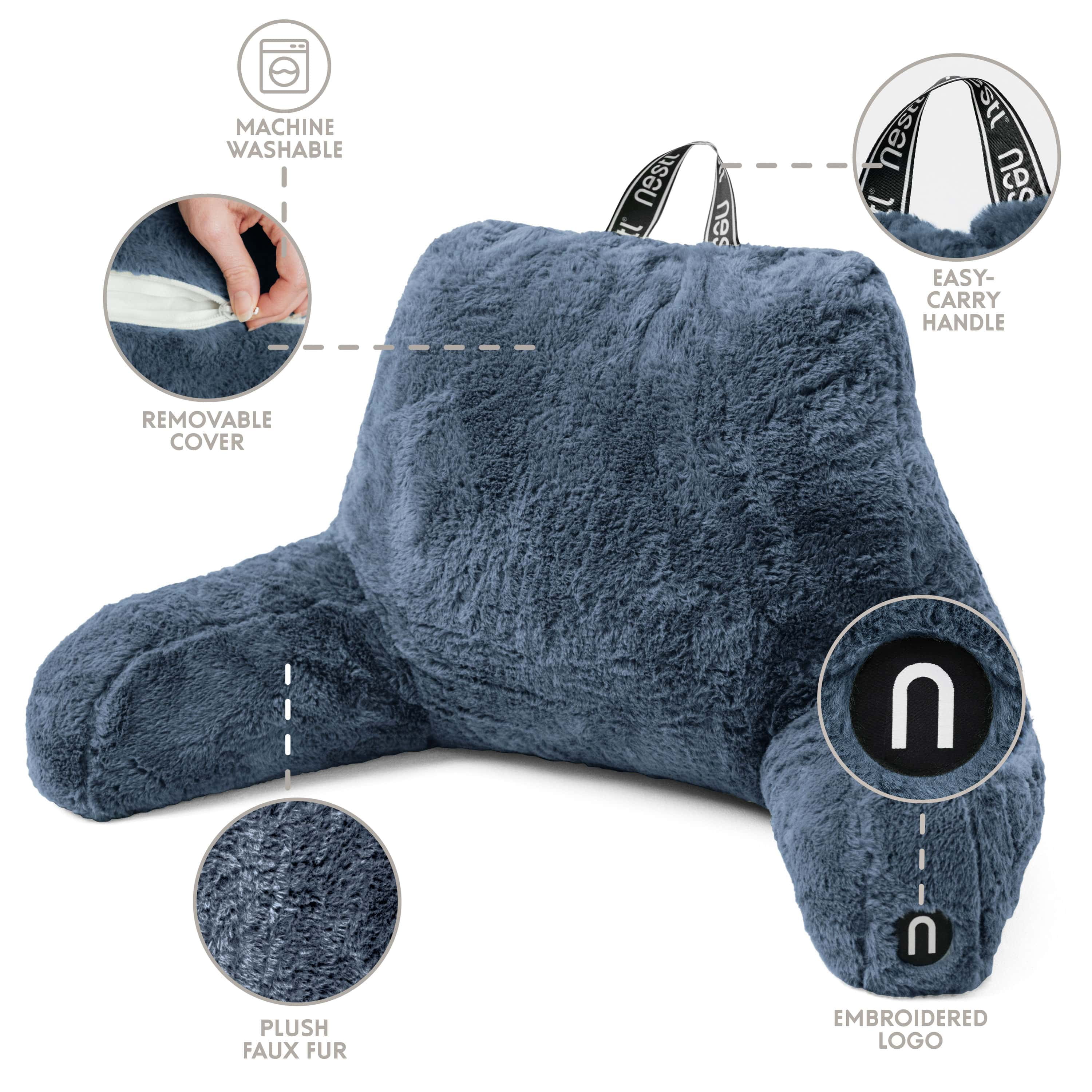 Nestl Fur Reading Pillow with Lap Desk, Stylish Arm Rest Pillow, Lap Desk with Backrest Pillow for Sitting in Bed, Faux Fur, Navy