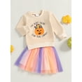 thumbnail image 4 of Baby Toddler Girls Halloween Skirt Clothing Sets 6 12 18 24 Months 2T 3T 4T Long Sleeve Letter Pumpkin Print Pullover Colorful Tulle Skirt Outfits, 4 of 9