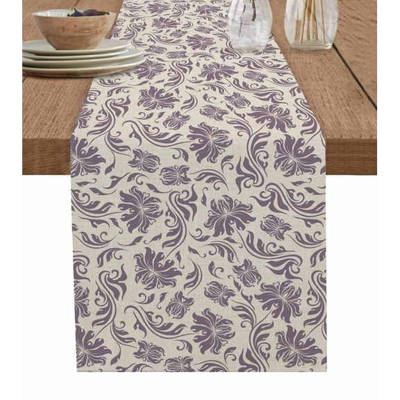 Table Runner Dresser Scarves 60 Inch Long,Retro Botanical Leaves Floral Texture Linen Dining Table Runners Abstract Purple Foliage on Flax Tabletop Scarf for Wedding Holiday Party Kitchen