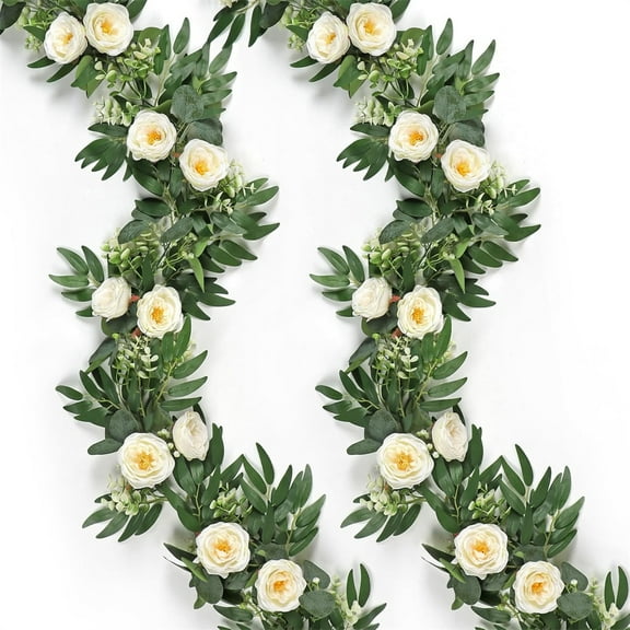 Duslogis 2 Pcs 12 Ft Artificial Eucalyptus Flower Garland Fake Greenery Garland with White Rose Gypsophila Floral Vines for Wedding Arch Party Table Wall Backdrop Home Decor (White)
