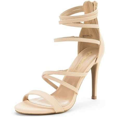 

Dream Pairs Womens Heeled Strappy Sandals Dress Shoes Open Toe Ankle Back Zipper Sandals Show Nude/Nubuck Size 6.5