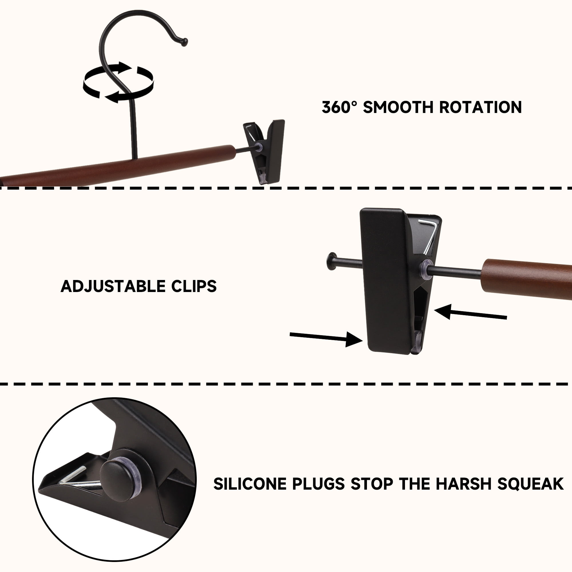 BP4U 12-Pack Metal Pants Hangers with Adjustable Clips, Premium Beech Wood Skirt Bottom Hangers for Trousers, Jeans, Shorts, Socks(Black)