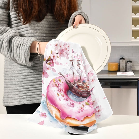 BZSMCE Kitchen Towels Creative Doughnu with Ship Printing Pattern Durable Kitchen Towel