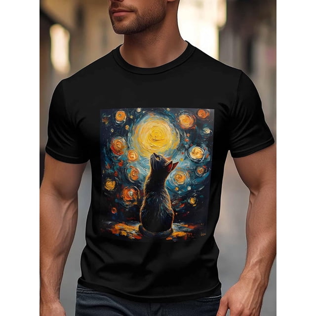 Men's T-Shirt,Short Sleeve Tee Shirt Casual Tops Starry Sky Cat Crew Neck T Shirts for Men