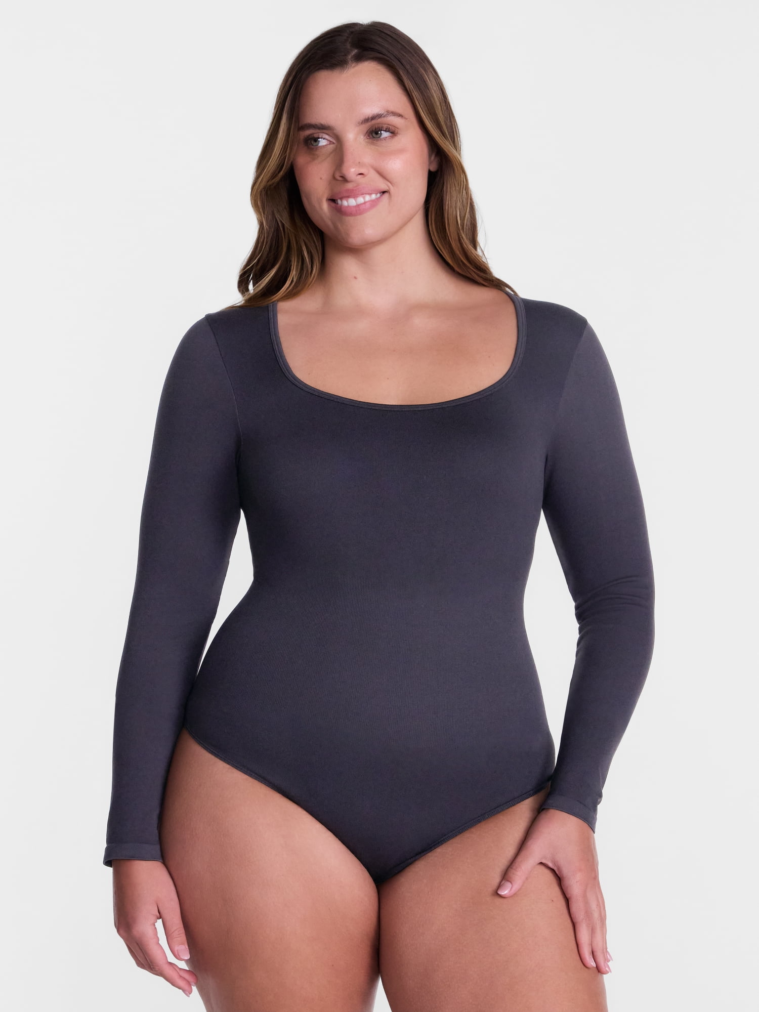 Joyspun Women's Seamless Square Neck Bodysuit with Long Sleeves, Sizes S-XXXL