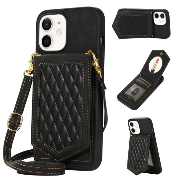 Allytech for iPhone 12/iPhone 12 Pro Case, Crossbody Wallet Case PU Leather with RFID Blocking Card Holder Kickstand Magnetic Closure Inner Mirror Case for iPhone 12/12 Pro 6.1" 2020, Black