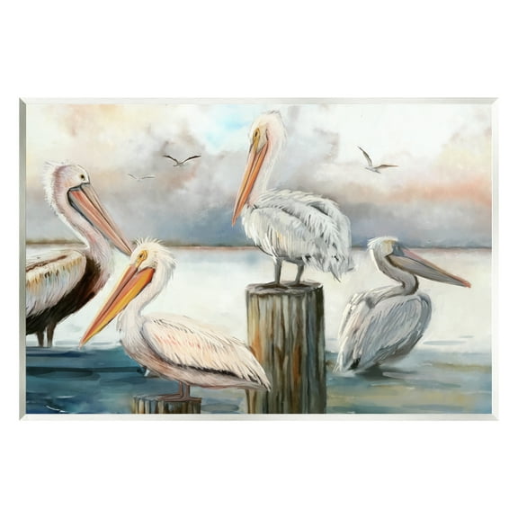 Stupell Industries Pelicans Perched Cloudy Horizon Coastal Painting Unframed Art Print Wall Art