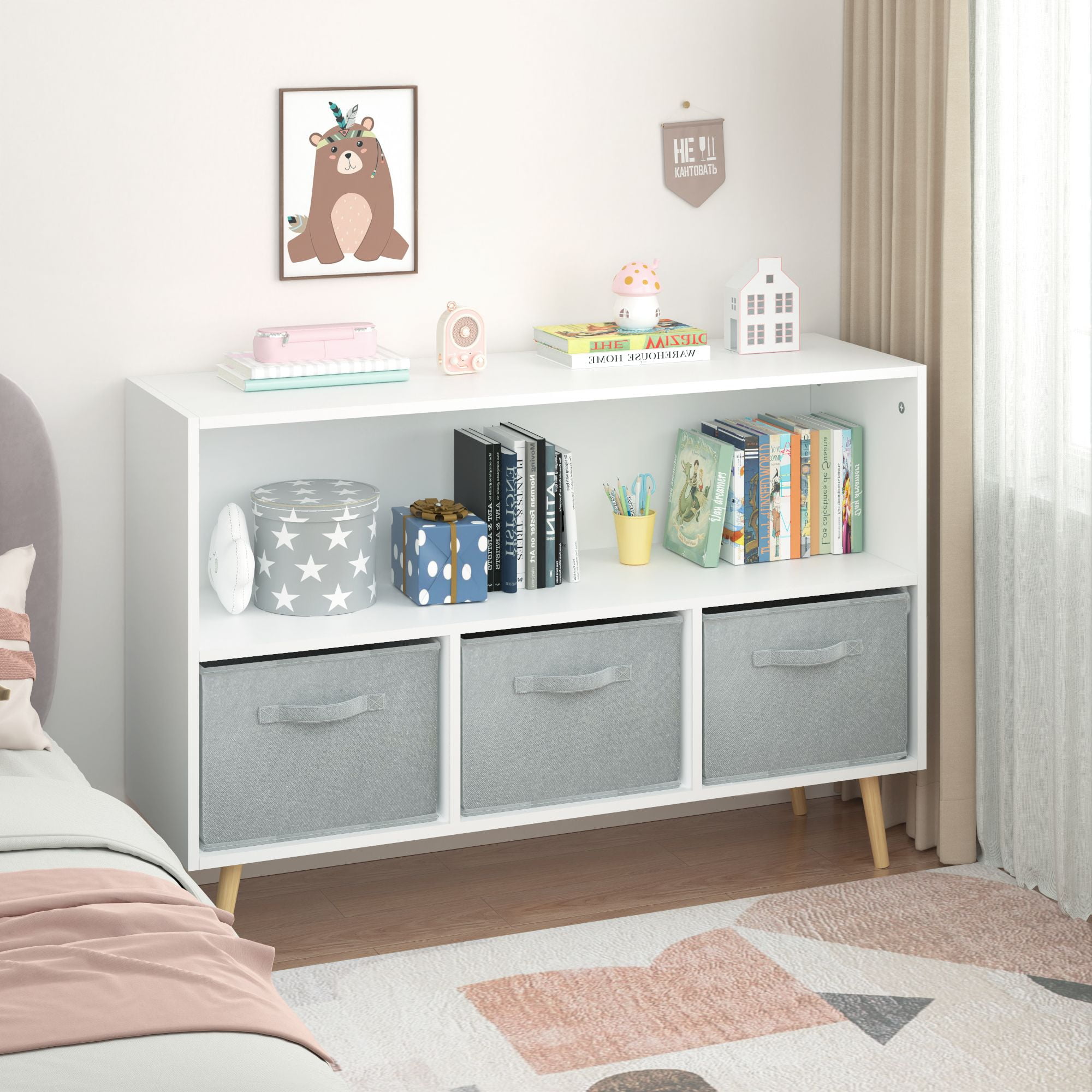 Kids Bookcase with Collapsible Fabric Drawers,Toy Storage Cubby,Children's Book Display,Toy Storage Cabinet Organizer,White/Gray