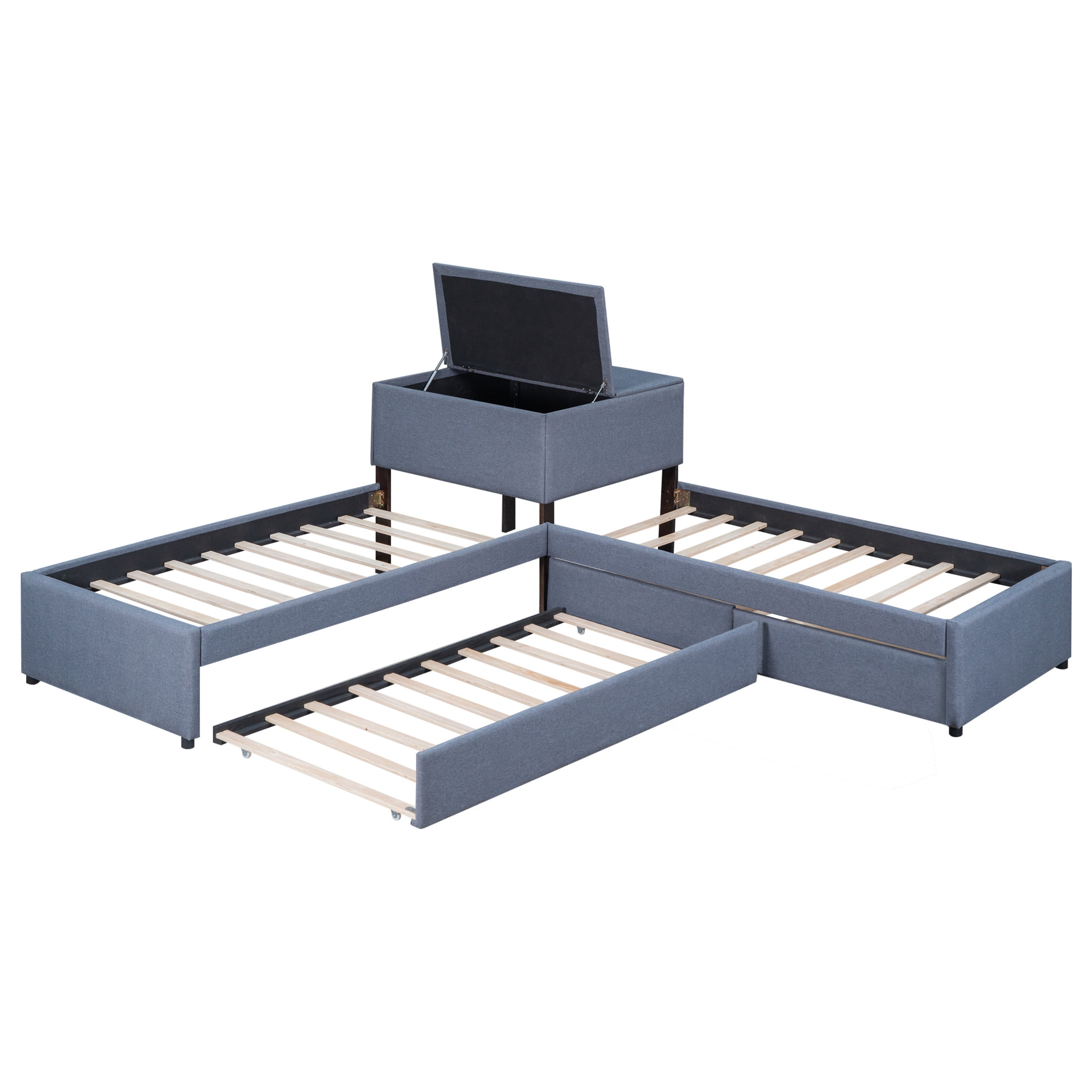 Noble House Solen Twin Size L-Shaped Upholstered Platform Bed with Trundle, Built-in Desk and Storage Drawers, Gray