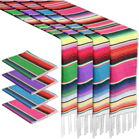 4PCS Cinco De Mayo Party Decorations, 14 x 86 Inch Mexican Table Runner for Party, Colorful Fiesta Table Runner for Boho Mexican Decorations Dia De Los Muertos Decor Ofrenda