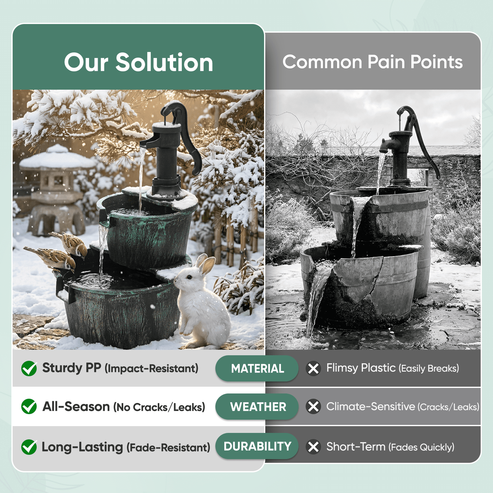 Magshion 27" 2-Tier Barrel & Pump Waterfall Fountain, Freestanding with Recirculating Pump, for Garden Patio Backyard, 11L, Green