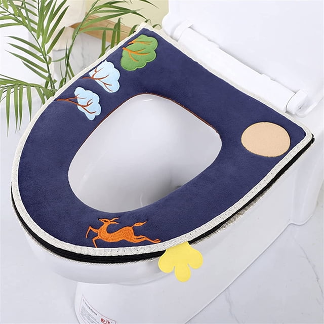 1 cojín para asiento de inodoro de felpa cálido de invierno, lavable, alfombrilla de baño para tejer, cojín para asiento de inodoro (color: Azul) JM