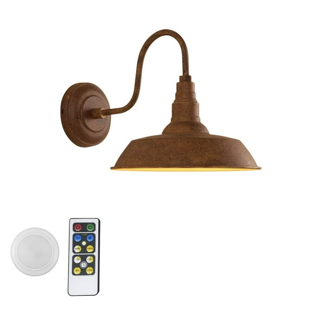 FSLiving Lampe Murale à Batterie 1-Lampe 55 Lumens Dimmable Télécommande LED Sans Fil Rouille Métal Luminaire Mural Industriel Rétro Design Col de Cygne pour Coin Chambre - Facile à Installer