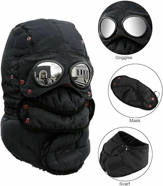 Winter Thermal Trapper Hat with Glasses Winter Cycling Windproof Ski Mask Cap ( a: black)
