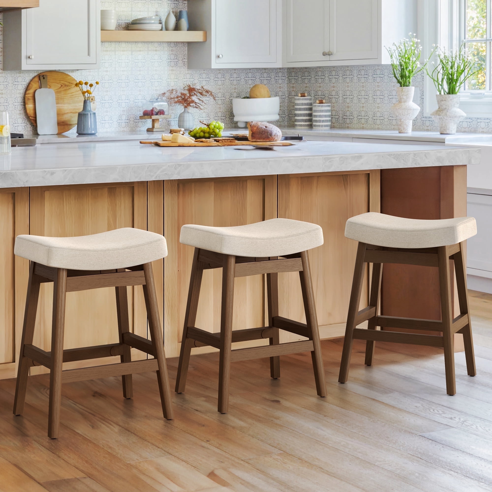 Dycanpo 24'' Counter Height Bar Stools Set of 3,Saddle Seat Bar Stools for Kitchen Dining,Linen-Fabric