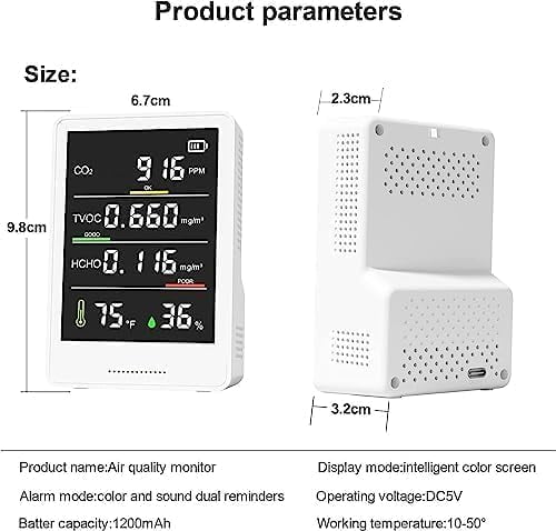 5-in-1 Air Quality Monitor for Home and Office with CO₂, HCHO, TVOC, Temperature & Humidity, Portable Indoor Detector with Color LCD