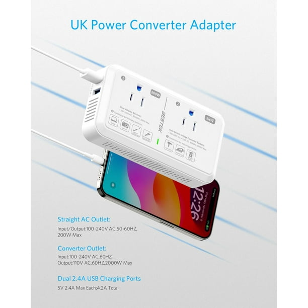 Adaptateur De Voyage Universel TESSAN – 2300W Avec 4 Ports USB, Gris