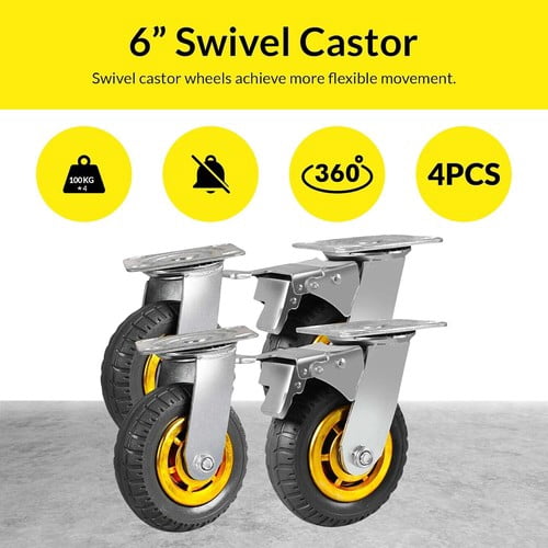 6" Heavy Duty Swivel Casters (4-Pack) - Rubber Wheels w/Mounting Plate