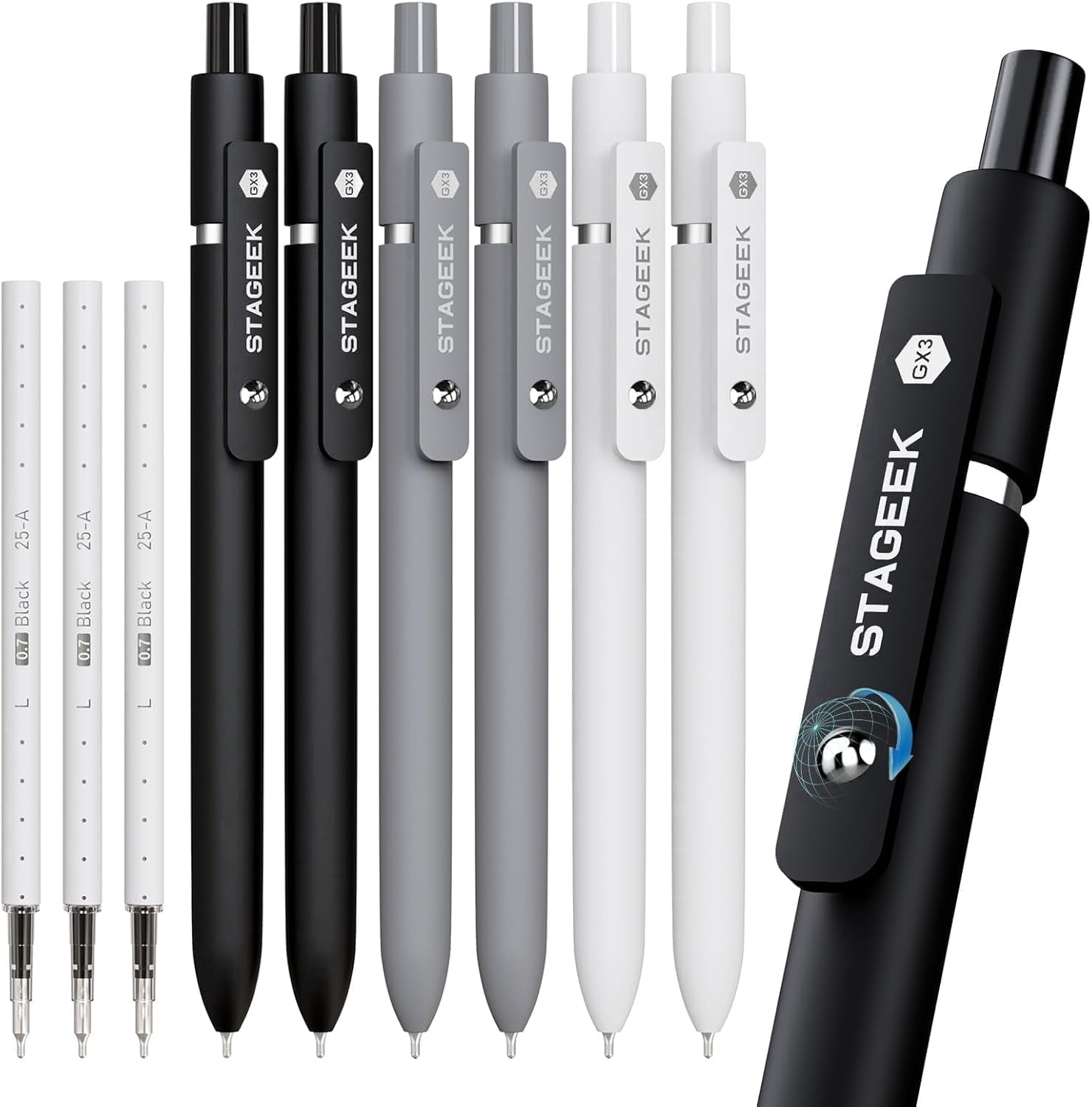 STAGEEK Black Gel Pens GX3, 6Pcs Fine Point Smooth Writing Pens with 3 Extra Refills, Black Ink Pens for Journaling, Writing, Office, Note Taking, Nurse Aesthetic(Black Gray White)