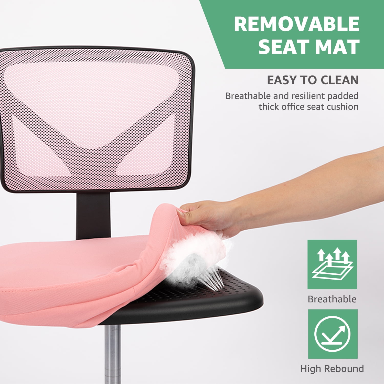 JOINSUN Armless Desk Mesh Office Chair, Adjustable Height Ergonomic Low Back Vanity Task Desk Chair with Wheels, Pink