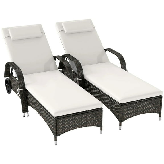 Resenkos 2 Reclining Chaise Lounge Chairs, Outdoor Sectional Furniture, PE Rattan, Mixed Brown and Cream White