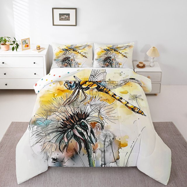 Erosebridal Dreamy Dragonfly Bedding King Comforter Set, Spring Daisy Blossoms Down Comforter, Reversible 3pcs, Breathable