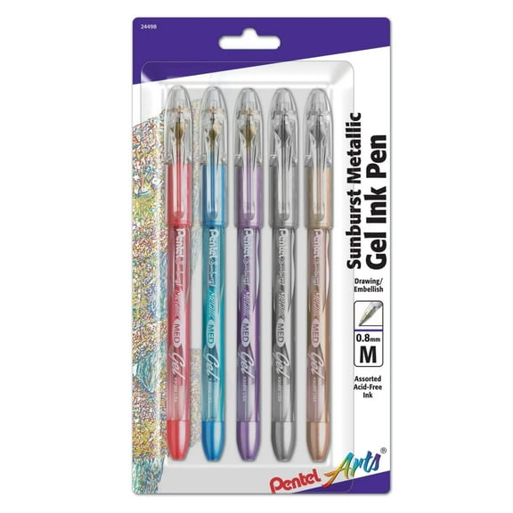 Pentel Arts Sunburst Metallic Gel Pen, Medium Line, Permanent, Assorted Colors, 5 Pack