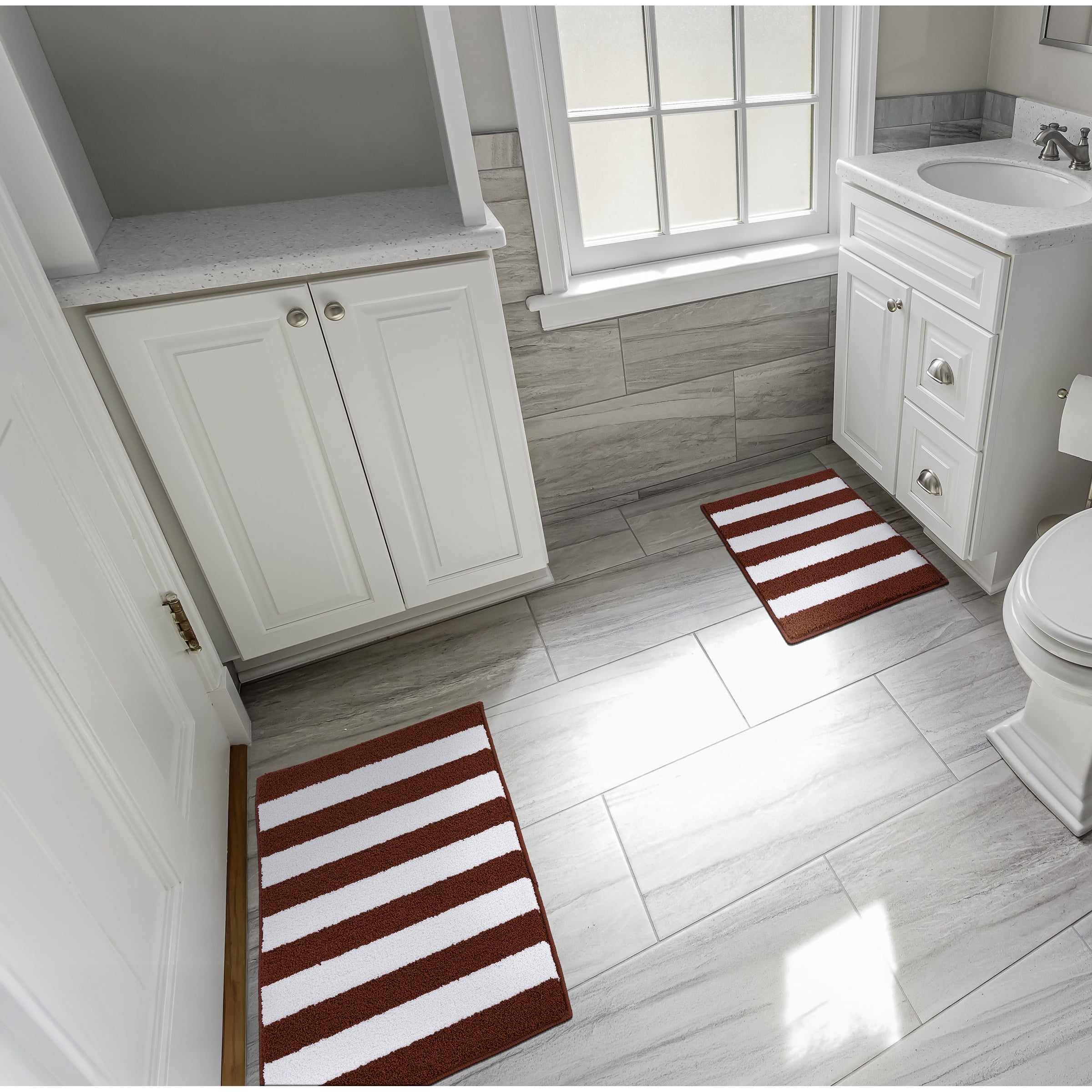 Garland Rug Beach Stripe Washable Bath Rug Set, 2 Piece Set (17"x24" Bath Rug, & 21"x34" Bath Rug) Crimson Red/White