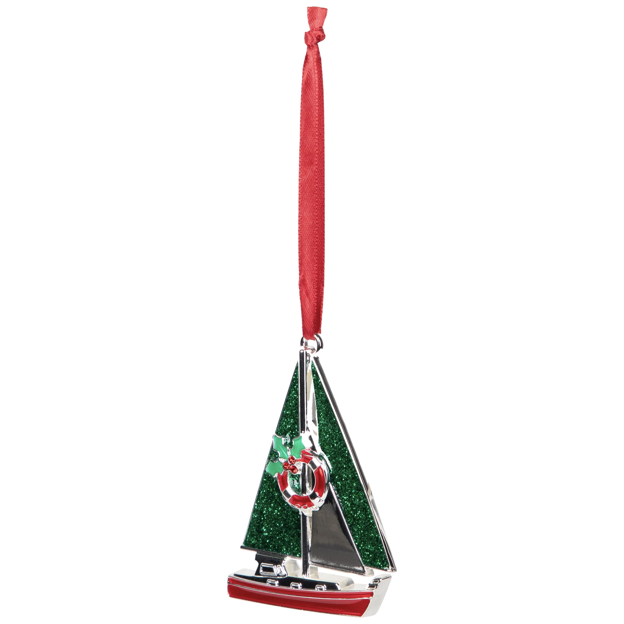 Sailboat with Holly Life Preserver Christmas Ornament - 3.25"
