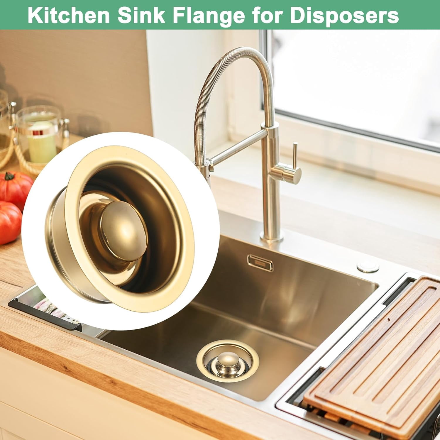 2-Pack Garbage Disposal Sink Flange - Kitchen Sink Replacement Parts, Universal Fit for 3-1/2 Inch Standard Drain Hole, Solid Metal with PVD Gold Finish, Includes Rubber Stoppers  P