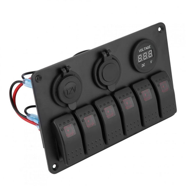 Ymiko Qiilu 12V 24V 6 Gang Switch Panel, Car Boat Marine LED Rocker Switch Panel Dual USB Voltmeter Lighter