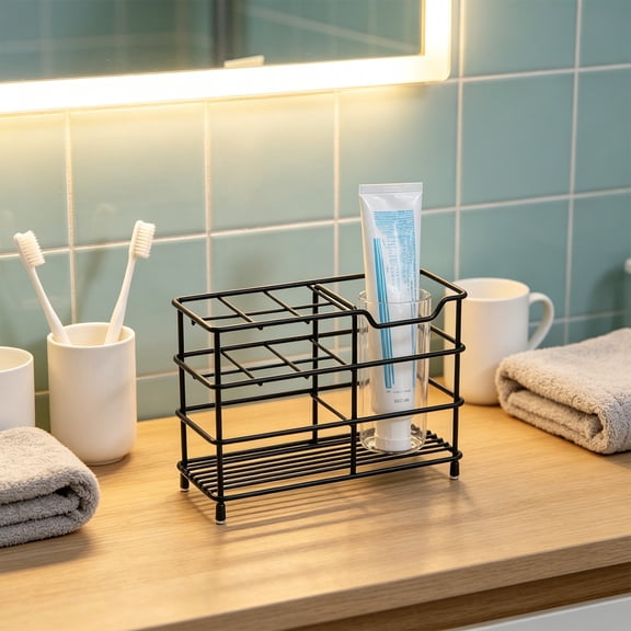 Toothbrush Holder Metal Frame Organizer with Multi-Slot Drainage Base for Bathroom