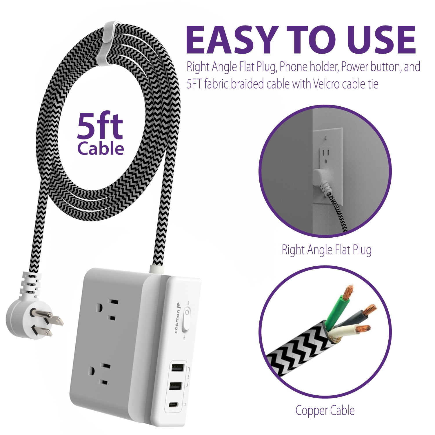 Fosmon 2-Pack Desk Power Strip With USB C, 4 Outlets+3 USB Charger Charging Outlet, Desktop USB Power Station, 5ft Braided Extension Cord for Travel, Cruise Ship, ETL Listed