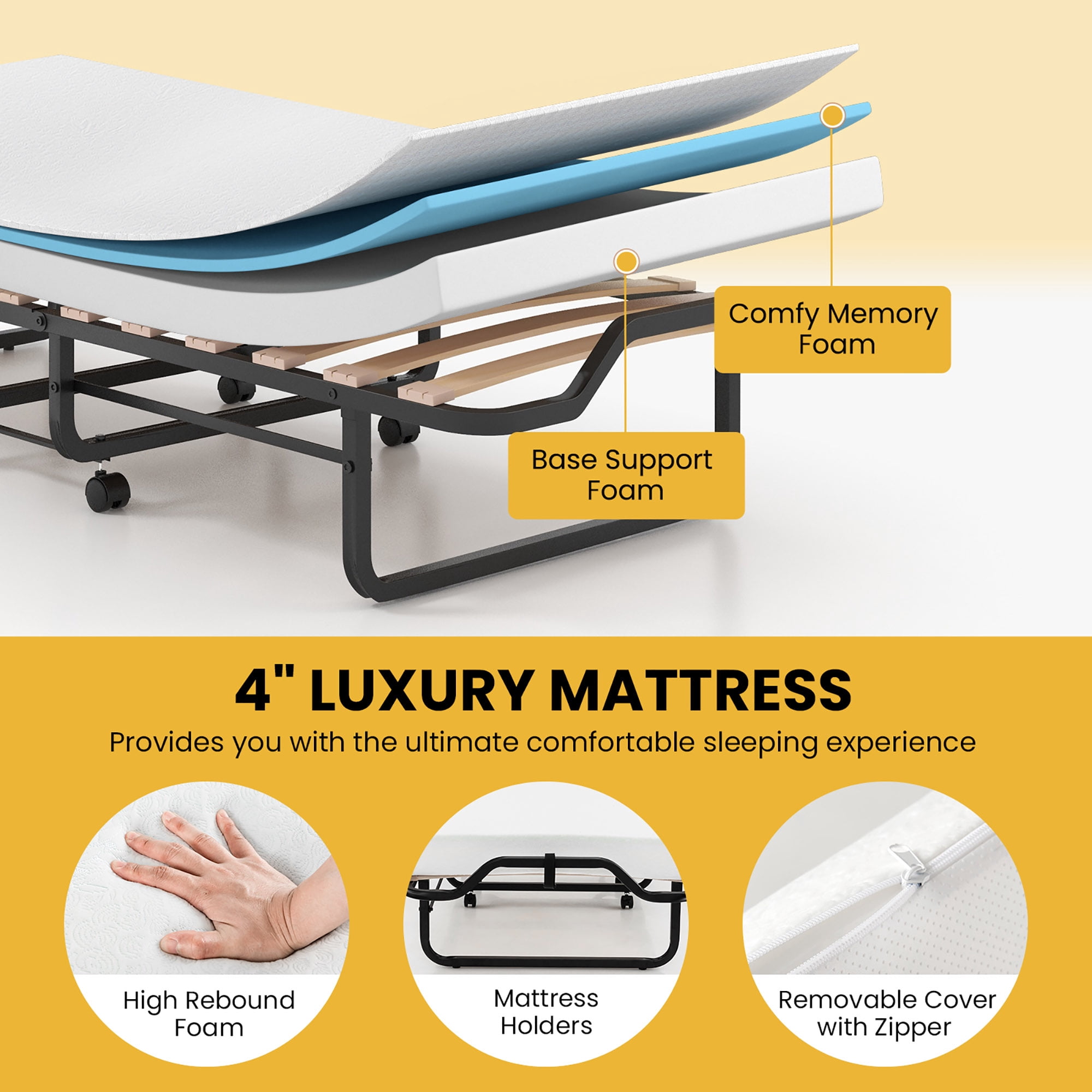 Gymax Portable Foldable Guest Bed w/ Solid Wood Slats & Metal Frame Rollaway Bed Cot Size for Adults w/ Wheel