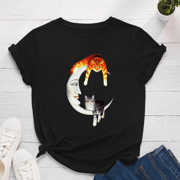 ICHUANYI Clearance Women's Fashion Casual Loose Print Round Neck T-Shirt(Black, L) ICHUANYI WER2023081014507
