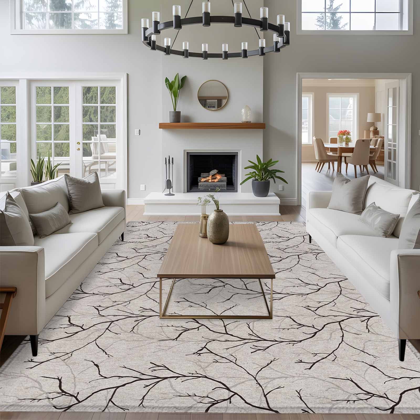 Black Grey Branches Area Rugs 8'x10', Washable Small Throw Rugs for Living Room Patio, Vintage Art Farmhouse Indoor Outdoor Rug Non-Slip Low Pile Carpet Runner Reversible Floor Mats